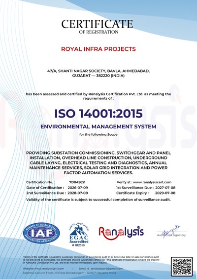 ISO 14001:2015 Environmental Management System certificate issued to Royal Infra Projects
