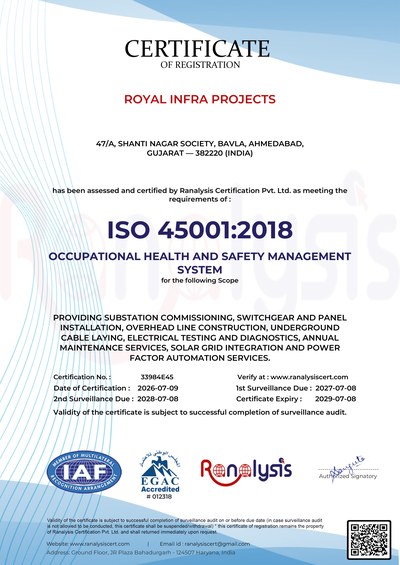 ISO 45001:2018 Occupational Health and Safety Management System certificate issued to Royal Infra Projects