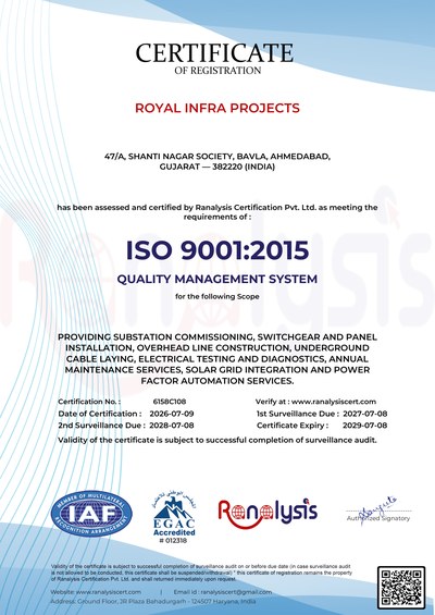 ISO 9001:2015 Quality Management System certificate issued to Royal Infra Projects