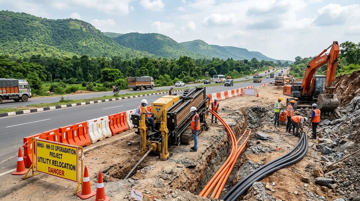 Electrical utility infrastructure alongside a highway development corridor